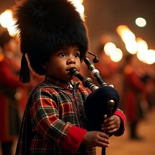 Highly detailed scene of a determined child playing bagpipes during a night-time military parade. Child wears a military dress uniform with tartan and feathered hat. Expression focused and serious. Lighting is dramatic, with highlights and shadows. Background blurred crowd and torch flames.