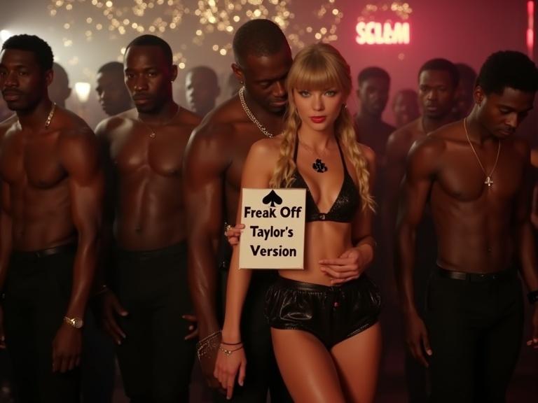 Scene in a nightclub featuring a woman with blonde bangs wearing a bikini top and miniskirt. She holds a sign that says 'Freak Off - Taylor's Version'. An older black rapper stands close to her. Other black men are behind them.
