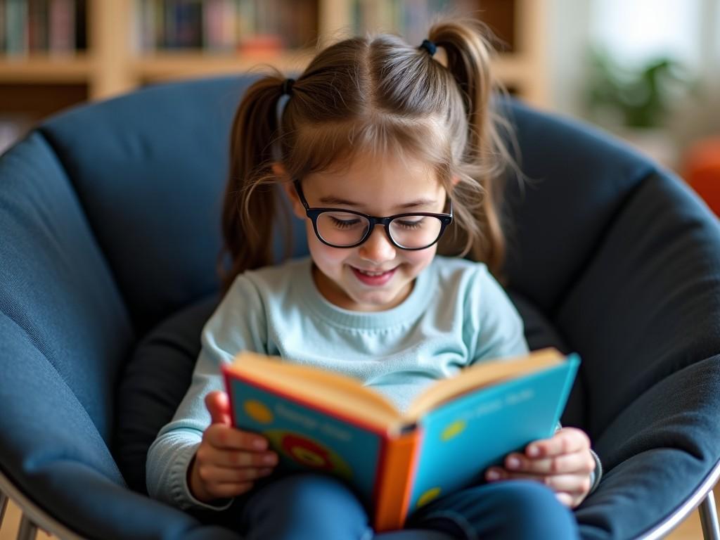 A little girl wearing glasses is sitting in a round dark blue chair and reading a book. The chair has a padded seat and a sturdy silver frame, maintaining its original design. The girl is deeply focused on her reading, with a slight smile on her face. She has her hair in ponytails, adding to her youthful appearance. The setting is cozy, perhaps in a living room or a library, filled with soft light. The book is colorful, capturing her attention fully.