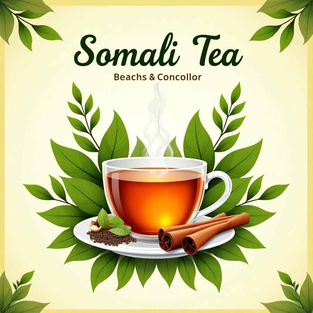 Vibrant label design for Somali tea. Features green tea leaves and spices like cardamom and cinnamon. Central clear tea cup with steam. Somali savanna background with elegant brand name.