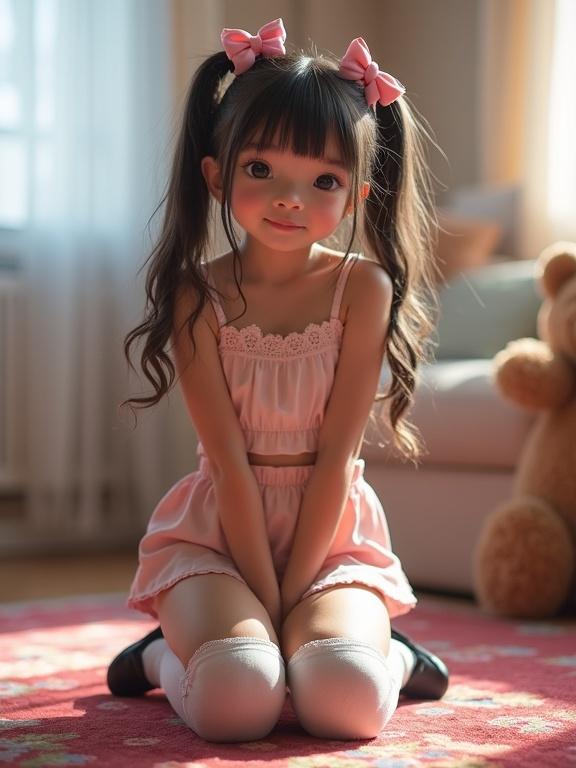 A young girl with long twin tails and pink bows kneels on a colorful rug in a softly lit living room. She wears a short crop top and a pale pink skirt, with thigh-high socks and black shoes. She has her hands on her sides and a flirty smile, hugging a teddy bear.