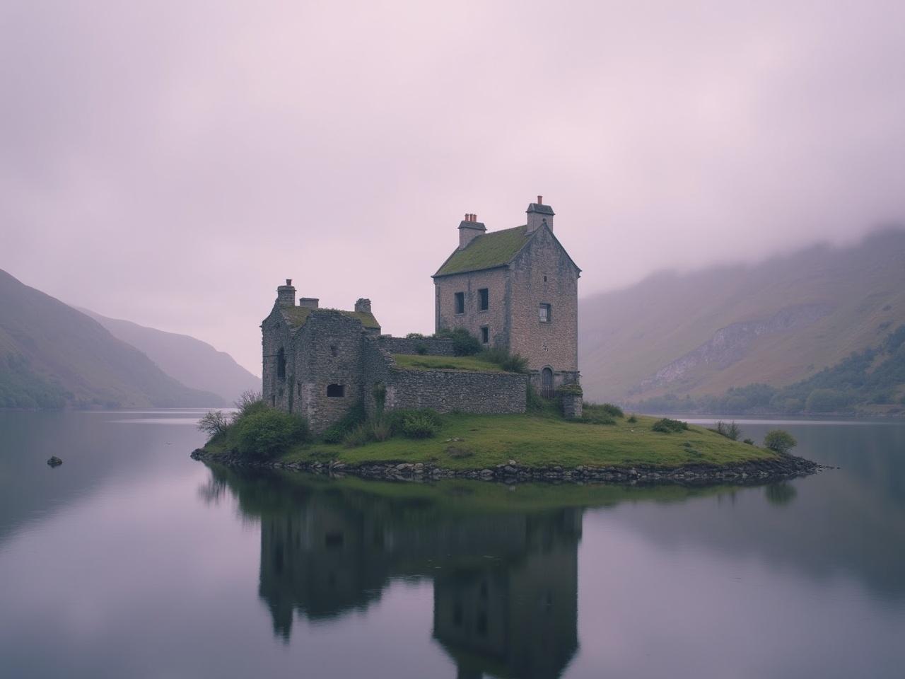 The image depicts a historic castle partially in ruins, situated on an island surrounded by a calm lake. The castle features a mix of stone walls and green vegetation, suggesting its age and abandonment. In the background, gentle hills can be seen, shrouded in soft, muted colors that convey a tranquil atmosphere. The sky overhead is cloudy and has a gradient of colors ranging from soft pink to purple, enhancing the serene mood. The smooth surface of the water reflects the castle and the colors of the sky, creating a peaceful and haunting scene.