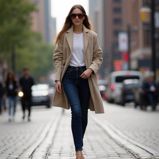 A woman walks confidently down the street. She wears a stylish coat with a white top and blue jeans. The background shows an urban cityscape with blurred figures and vehicles. Natural light creates a sophisticated feel. The woman exudes confidence and modernity.