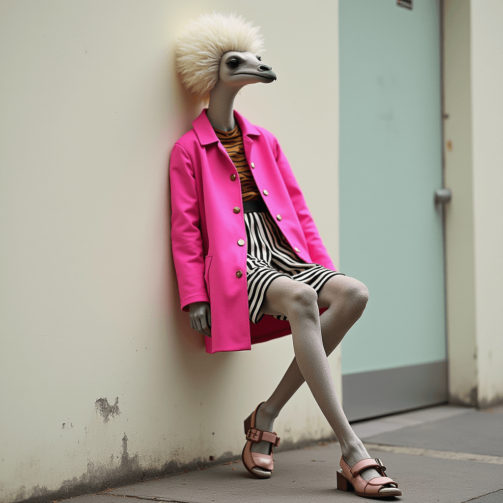 An anthropomorphic ostrich wearing a stylish pink coat and striped black-and-white dress, sitting against a modern urban wall.