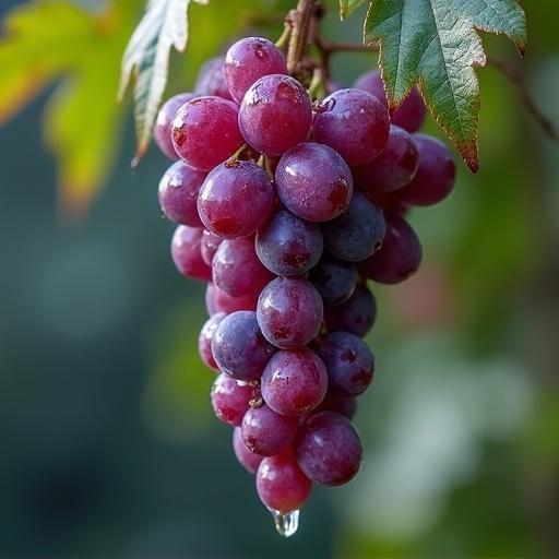 Cluster of wet purple grapes hanging with visible water droplets. Grapes appear shiny and fresh.