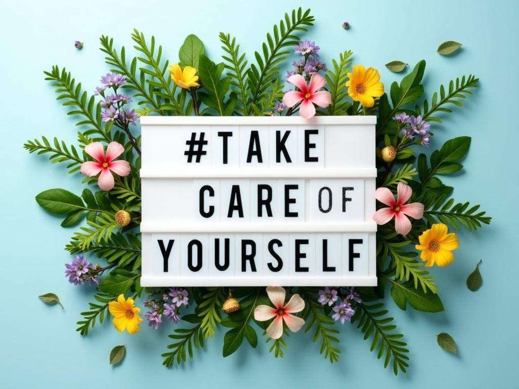 The image features a lightbox with the phrase "#TAKE CARE OF YOURSELF" prominently displayed. Surrounding the lightbox is a burst of greenery including various leaves and colorful flowers, creating a natural and soothing aesthetic. The lightbox is centered on a light blue background, giving a calming feeling to the overall composition. The vibrant colors of the plants contrast nicely with the white of the lightbox while the text is bold and easy to read. This image is designed to evoke a sense of self-care and wellness, encouraging viewers to prioritize their mental and physical health.