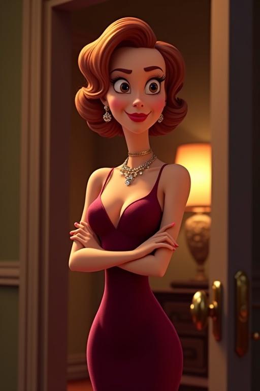 Highly stylized cartoon scene features a glamorous woman in a burgundy evening dress. She stands in a doorway with elegant posture. Warm candlelight flickers, creating an inviting yet tense atmosphere. Character has auburn hair and nervous expression while inviting for dinner. Shadows create a sense of foreboding. Lights highlight her features while maintaining a mysterious tension. Cinematic focus on her mouth as she speaks.