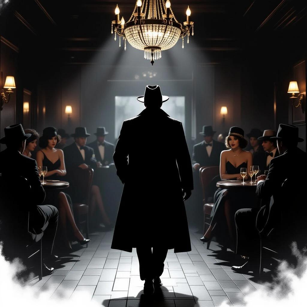 A mysterious figure in a long coat and hat stands under a chandelier. No one else is focused on the stranger. Everyone else is in formal 1920s attire. The setting is a speakeasy filled with elegant decorations and dim lighting.