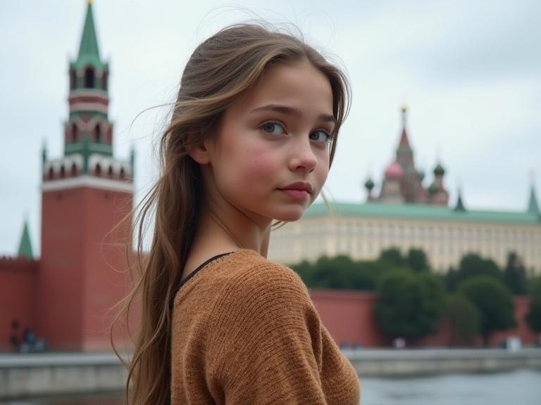 Photorealistic portrait of a girl at waist height with detailed clothing. Girl looks directly at camera with the Moscow Kremlin in the background. The Kremlin's Spasskaya tower and wall details are visible. Image shows high sharpness of the face, hair, clothing, and architecture. Composition places girl on the right side. Created in a hyper-realistic style with sharp depth of field.