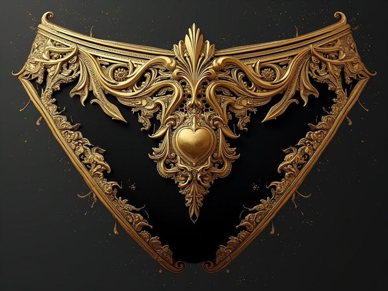 Intricate gold ornament with heart shape. Black background highlights detailed artwork. Designs blend opulence and elegance in a unique style.