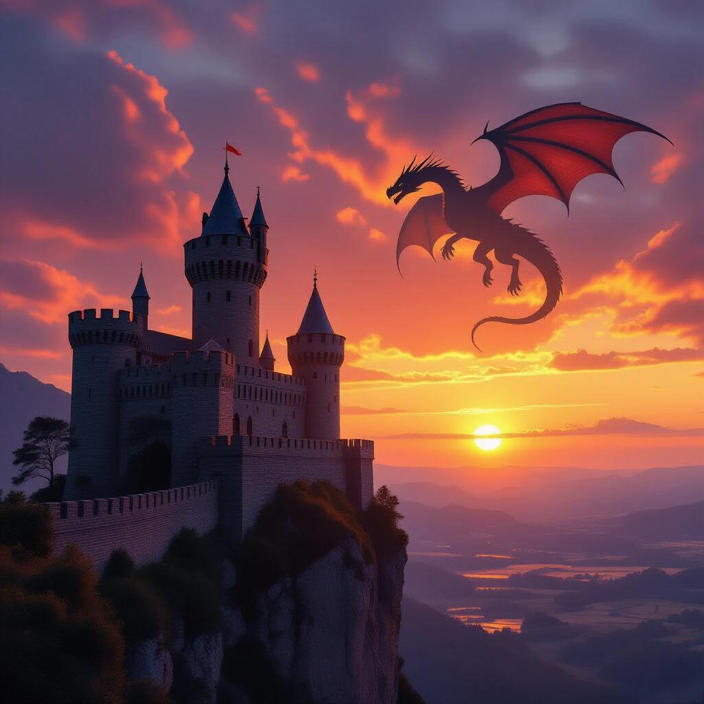 Medieval castle on a cliff. Dragon silhouette overlays a sunset. Hyper-realistic cinematics in 8K quality.