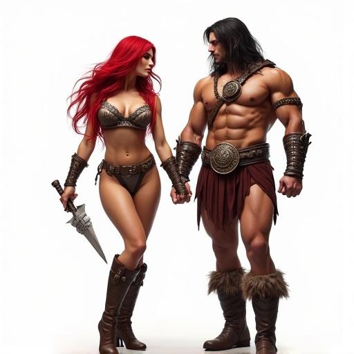 Full body view of two heroic characters Red Sonja and Conan posed together against a white background
