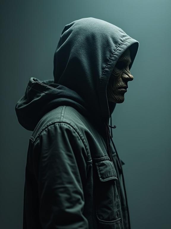 Mysterious humanoid figure in a detailed hoodie and jacket stands in profile. Surreal textures resemble carved wood or weathered stone. The background is minimalist with cool tones, creating a moody atmosphere. Lighting emphasizes shadows and texture. Figures exude an air of quiet menace and hidden identity.
