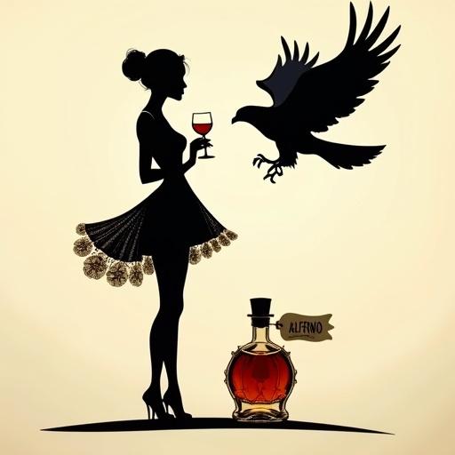 Minimalist papercut silhouette against a beige background. Woman with a drink in elegant pose. She has hair styled in an updo. Thin-strapped semi-transparent short skirt with floral motifs. She holds a small shot glass of shiny reddish liqueur. Oversized majestic falcon is above her. A spirit bottle labeled 'ALFRUNO' sits at the bottom. Bright shimmering liquid. Cork lid. Elegant hang tag with 'ALFRUNO' in script.