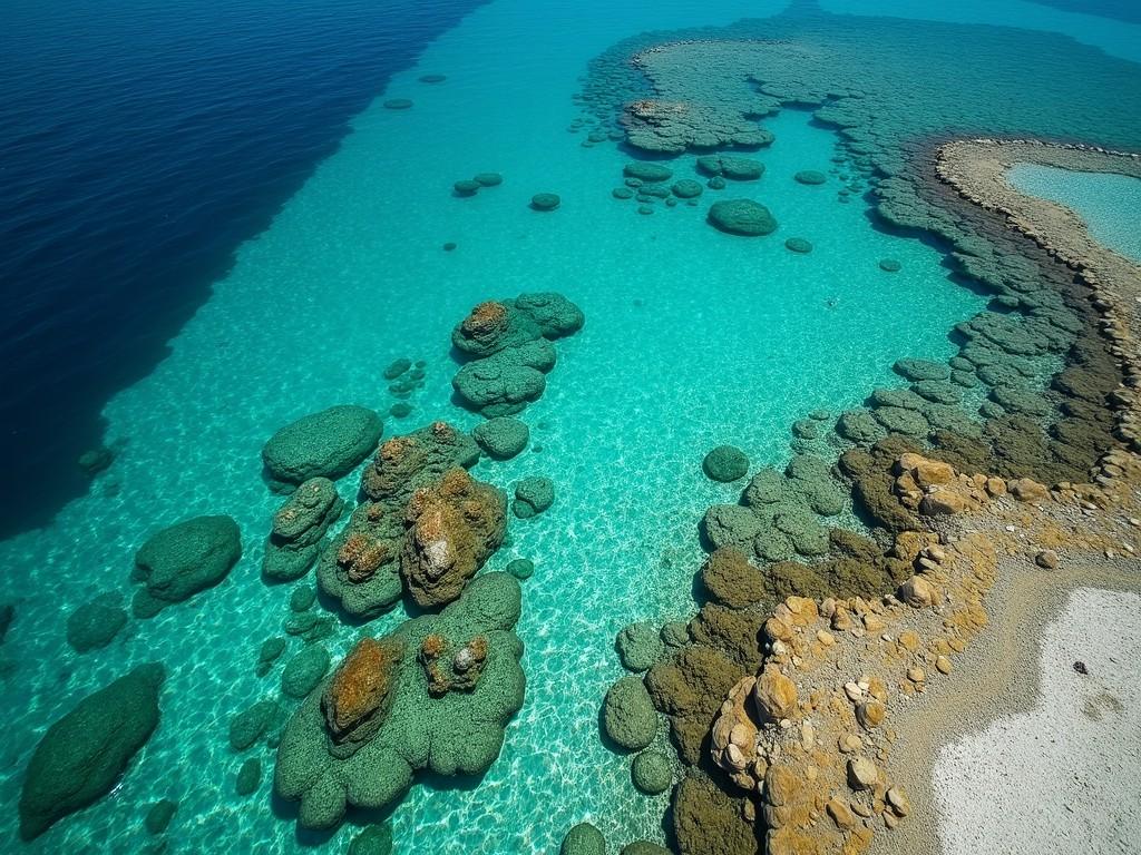 This image showcases a stunning aerial view of a coastal marine area. The water is crystal clear, revealing vibrant coral formations beneath the surface. Various shades of turquoise and light blue create a tranquil scene. Rocky outcrops and soft green coral structures form a beautiful contrast against the sandy beach. This picturesque landscape invites exploration and appreciation of marine ecosystems.