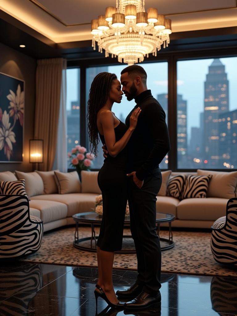 A couple in love shows affection in their luxurious living room. The woman wears a sleek black dress. The man wears a stylish cowl neck sweater. The living room features an Art Deco design. A striking zebra black-and-white scheme highlights the decor. A large chandelier casts warm light. Glossy black marble floors and velvet furniture enhance elegance. Abstract art and metallic sculptures add a modern touch. Fresh roses sit on the glass coffee table.