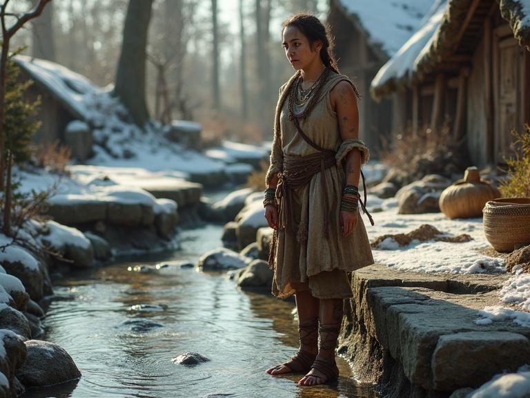Photorealistic scene depicts a young woman in a Bronze Age village beside a raised stone aqueduct Her clothing is layered with a wool tunic and sleeveless overdress She washes clothes with ash soap on a stone slab It is late spring with patches of melting snow The air is brisk and sunlight filters through the trees The woman has charcoal tattoos and hair partly braided with bone beads Surrounding elements include folded clothes and woven baskets