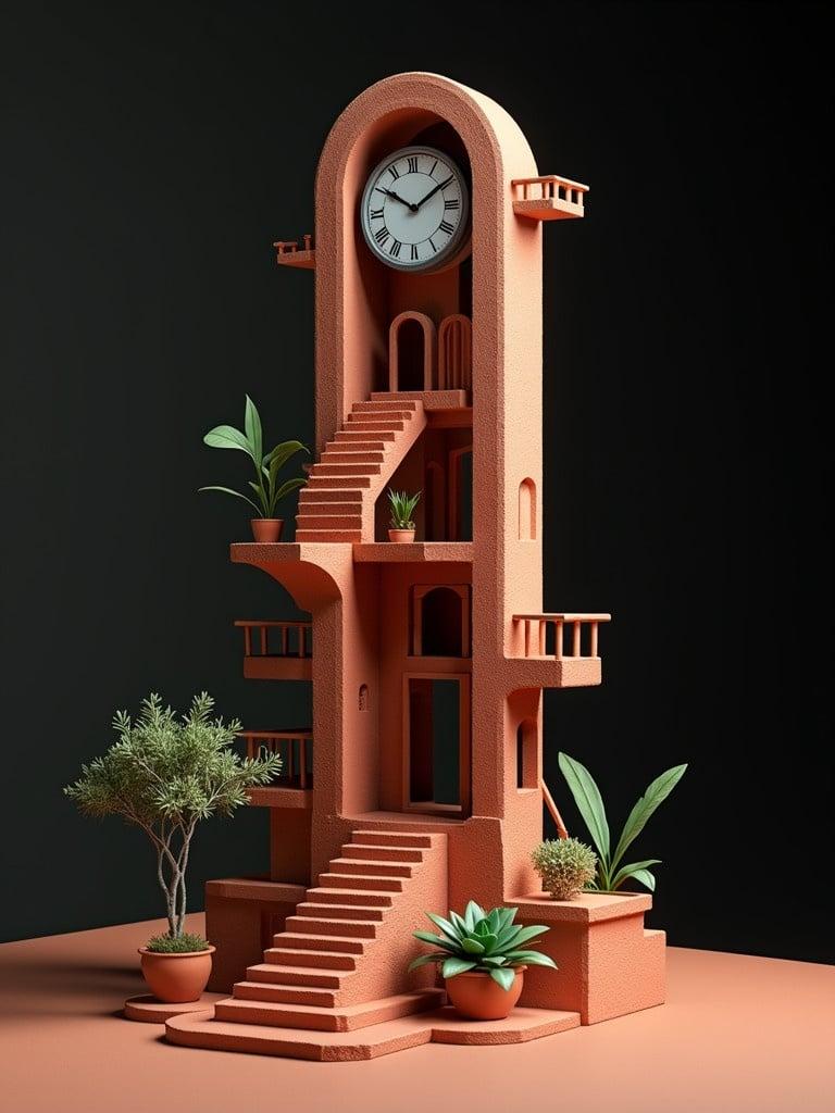 Create an isometric building resembling an Incan clocktower inspired by M.C. Escher. Include impossible geometries and pathways. Use dark terracotta and silver materials. High arched mechanical clock in center. Small potted green succulents by stairs and arches. Dark background for emphasis.