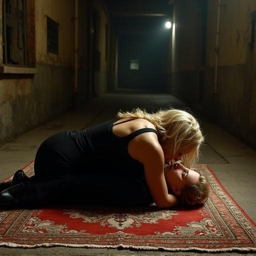 Two blonde women in a dark alley. They are wrestling over a rug. One wears a black dress. The other wears a dark suit. Scene is dramatic and evocative. Horizontal position fills the frame. Women are center-right on the rug. Perspective is slightly above medium level.
