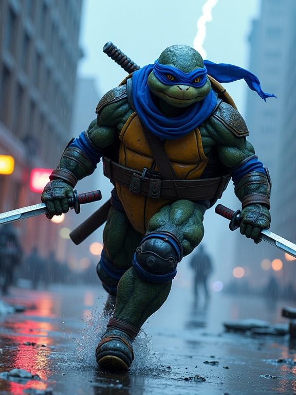 Armored turtle warrior in blue ninja gear with dual katanas. Mid-dash across rain-slicked rooftop. Calm and focused expression. Neon reflections off wet stone. Lightning in the distance.