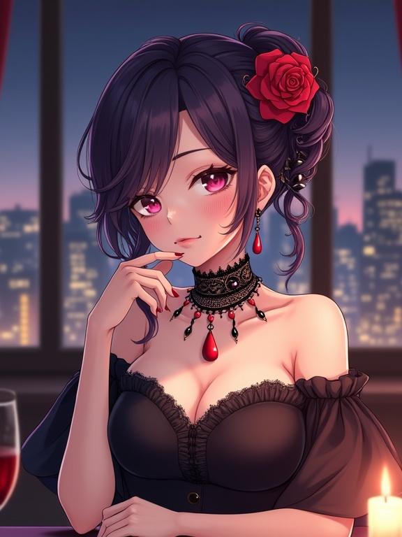Semi-anime styled illustration of a beautiful lady with dark violet hair and a red rose. She has light-colored eyes and fair skin, wearing an elegant off-the-shoulder dark dress. Black lace choker with red pendant and matching earrings. She looks alluring, seated with a soft glow nearby. City skyline visible in the blurred background.