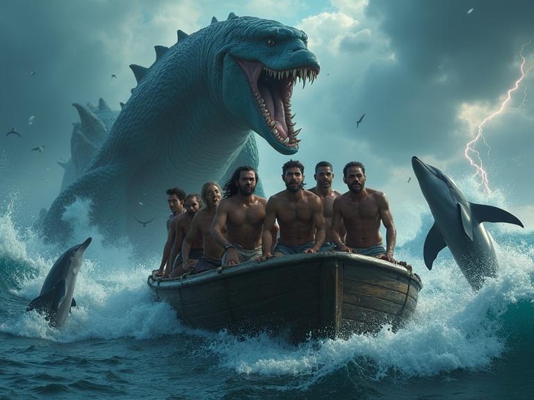 Seven diverse adults tightly packed on a wooden boat in a stormy sea. A gigantic sea monster with scales emerges threateningly. A pod of dolphins swims around the boat. People show surprise and relief. Dark clouds fill the sky with lightning. Dolphins provide positive energy. Dramatic lighting highlights their wet skin and the environment.