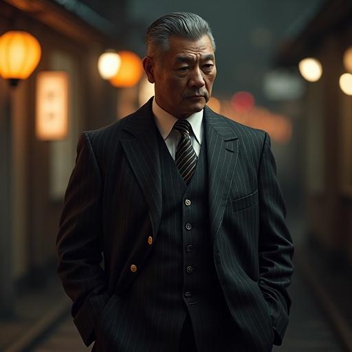 Middle-aged Japanese man dressed in an expensive suit. Realistic portrayal in a cinematic setting.