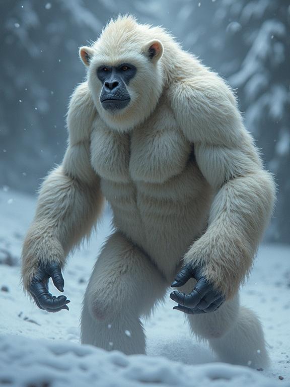 A beautiful yeti with an impressive muscular build. The yeti has a full coat of white fur and stands in a snowy landscape. The atmosphere is mystical and serene.