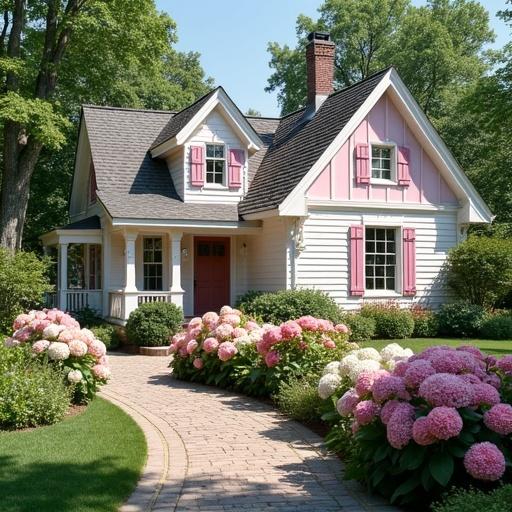 Capture a charming light pink and white cottage with shutters and gingerbread trim surrounded by pink rose bushes and pink and white hydrangeas along a curved walkway. Depict a bright sunny day with no dark shadows.