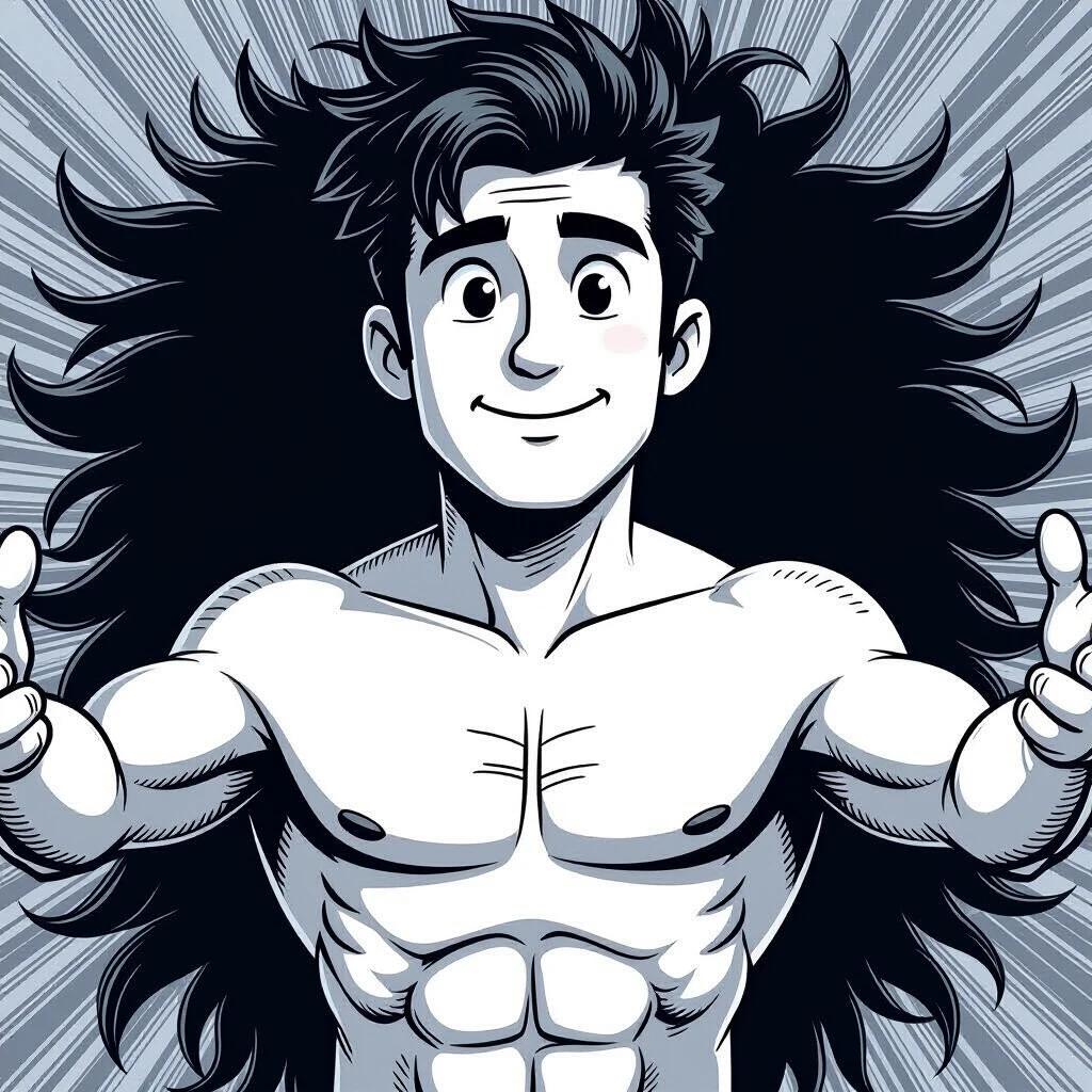 A character drawn in black and white with a minimalistic design. The character has an open-arm pose and is facing forward. Strong emphasis on the muscular body.