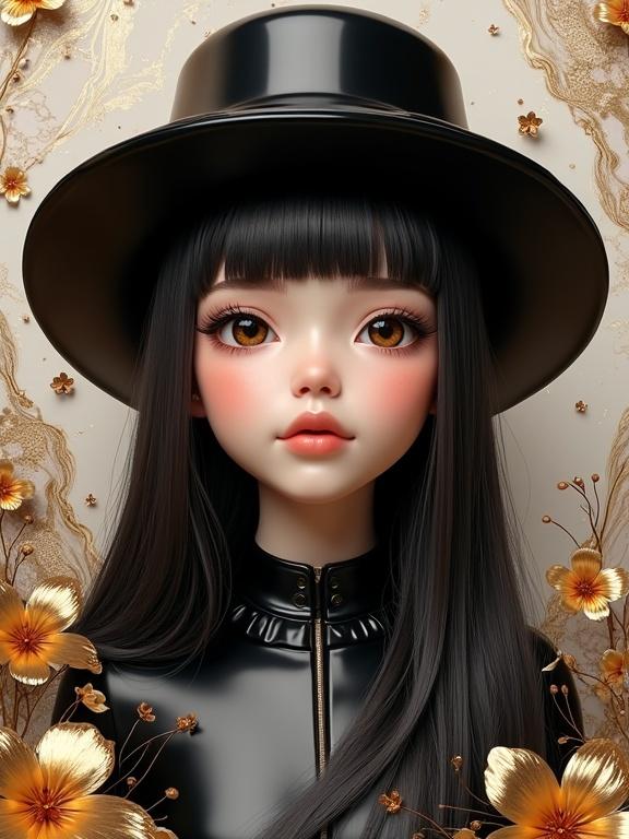 3D portrait of a girl with chrome texture. Girl has ashen straight hair in a black top hat. Background contains metallic flowers and abstract marble texture with warm gold and cold white tones. Soft lighting creates a cozy atmosphere. Hyperrealism style with glossy shades.