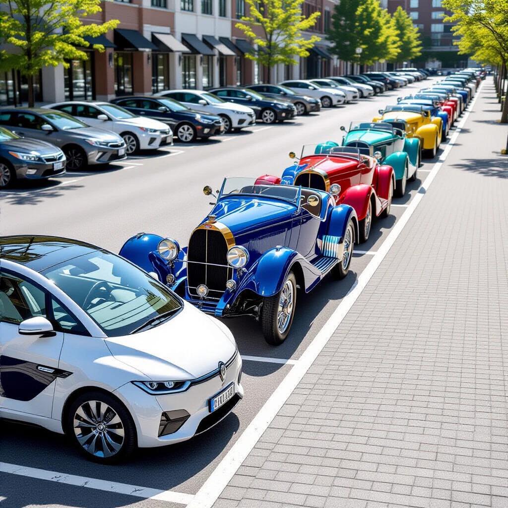 Highly detailed street scene showing cars parked at 45-degree angle. Variety of modern self-driving pods in extreme bokeh. Vibrant 1924 Bugatti T35 parked at row end. Bugatti features hand-riveted aluminum body and chrome wire wheels. Vintage Bugatti contrasts with sleek modern vehicles. Reflections on wet pavement from light rain. Shot in twilight lighting with sodium-vapor lamps. Focus on the Bugatti for crystal-clear detail.