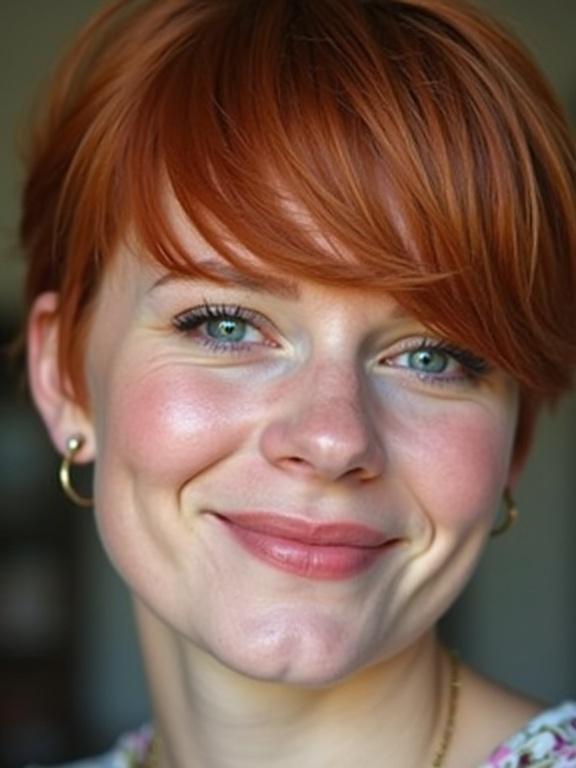 Close-up of a 20-year-old woman. She has cute, short red hair. The face shows happiness and is plump.