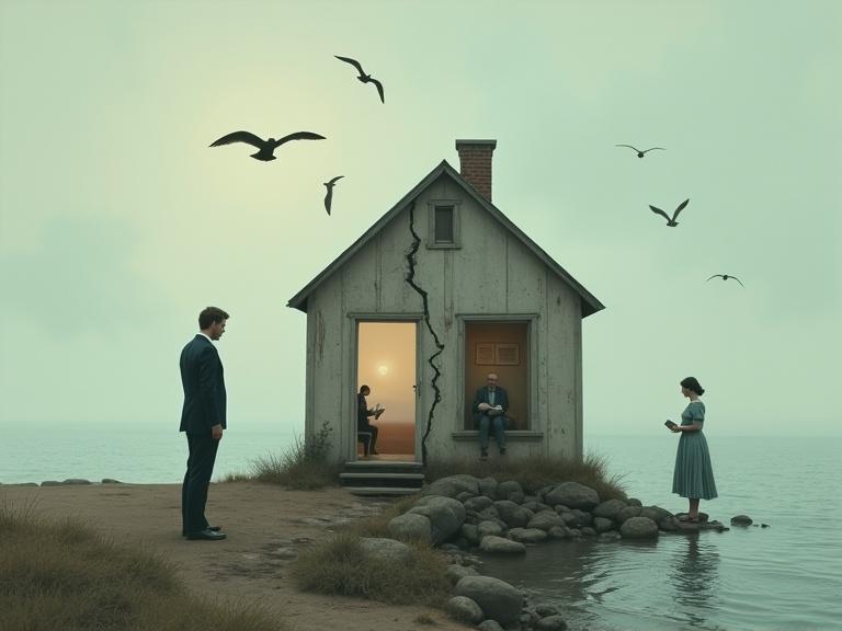 Surreal digital artwork depicting aftermath of a relationship. A small, cracked house in the center symbolizes separation. A transparent man in a suit stands to the left. A woman in a vintage dress stands to the right. Inside the house, another man reads by the window. House is near calm water with a hazy horizon. Several birds are flying in the sky. Soft and muted color palette dominated by blue, brown, and gray. Overall mood is melancholic and reflective of loss and separation.