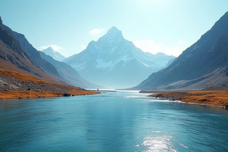 Ultra-realistic cinematic view from a wide river surface. The river flows with brown-orange on the left and deep blue on the right, blending in the center. Water has detailed ripples and reflections. A massive snow-capped mountain stands in the center, surrounded by rocky textures and patches of snow. Bright daylight enhances realism with atmospheric depth.