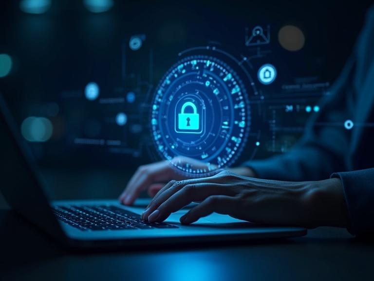 Futuristic technology concept featuring hands typing on a laptop keyboard. Holographic icons and glowing blue interface create a high-tech environment. Dark background enhances the digital network connections visualization. Emphasizes themes of cybersecurity and artificial intelligence.
