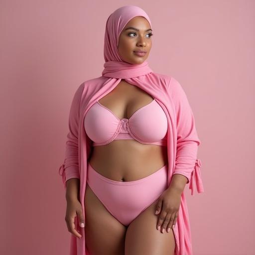 Generate an image of a tall, curvy hijabi woman wearing pink lingerie and short hijab in front of a pink background. Focus on her wide hips, large chest, and natural chubbiness.