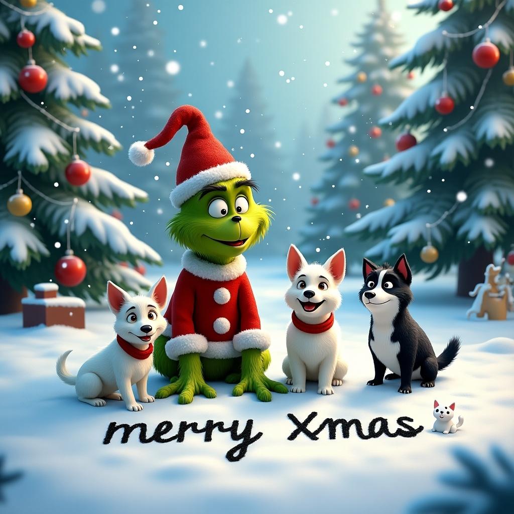 Whimsical winter scene features the Grinch in red Santa outfit with two dogs and a small cat. Snow-covered ground, Christmas trees, and snowflakes create a festive atmosphere. Grinch writes 'merry xmas' in the snow. A blend of humor and warmth for holiday joy.