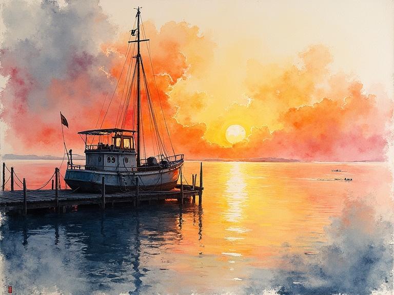 A watercolor painting depicts an old boat at a dock during sunset. The sunset features vivid hues blending into the sky. The artwork combines Chinese ink painting with modern watercolor techniques, emphasizing white space and vibrant colors.
