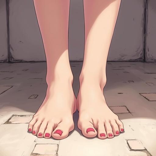Anime style illustration featuring a girl's feet. Image shows well-groomed feet with nail polish. Subtle background adds context without distraction.