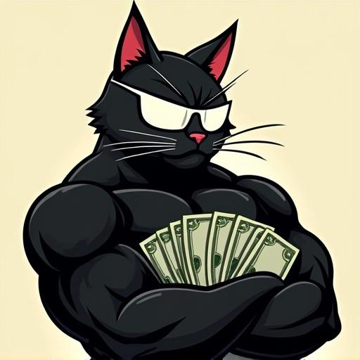 Meme coin cartoon theme with a muscular black cat. Cat has a serious expression and wears white shades. Cat holds dollar notes confidently.