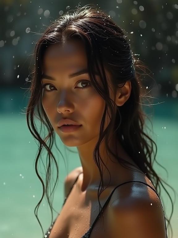 A serene portrait of a young woman with long hair. The model has a calm expression. Water droplets surrounding the face reflect light. The background is a blurred turquoise water. The atmosphere feels peaceful.