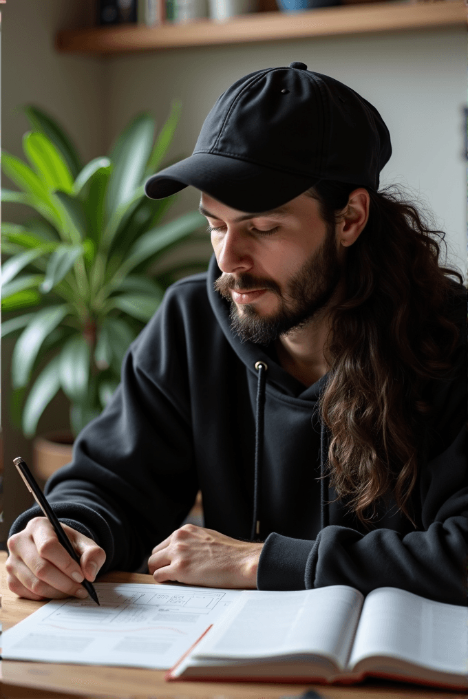 A person with long hair wearing a beret is writing in a notebook while using a laptop at a wooden table.