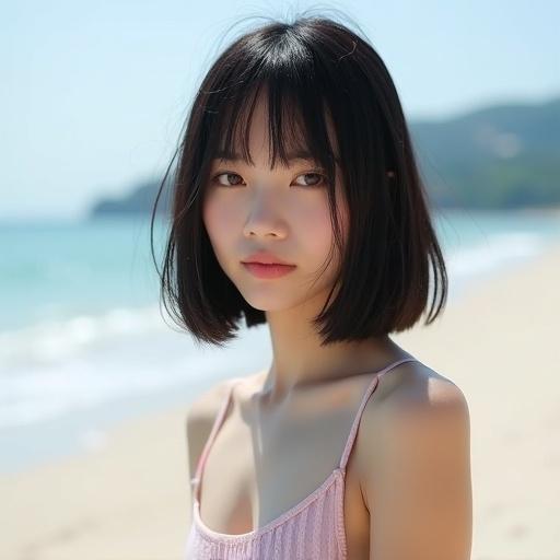 Photograph of an 18-year-old girl with dark bob hair near a sunny beach. The scene captures bright sunlight and showcases a youthful appearance. Focus on the girl with a calm beach backdrop.