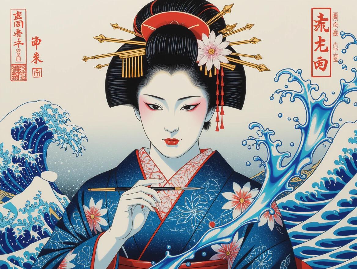 Japanese painting of a figure in a traditional kimono. The background features dynamic waves. Art includes a chrome holographic liquid metal splash. Hyperdetailed oil painting technique. Bright vibrant colors dominate the scene.