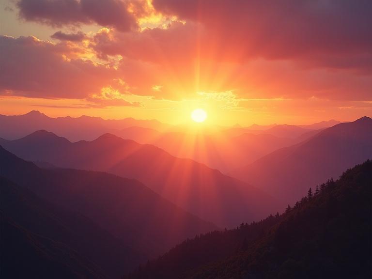 Majestic sunrise occurs over a mountain range. The sky showcases golden and purple hues. Grandeur and new beginnings are conveyed in the scenery. The image is hyper realistic with cinematic feel. Natural light illuminates the scene in highly detailed manner.