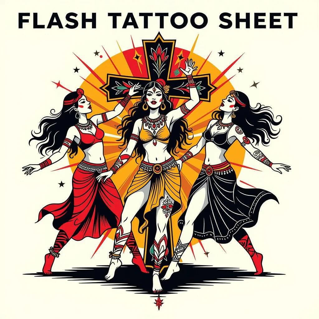Illustration of a flash tattoo sheet featuring three gypsy women dancing. They have long black hair and wear colorful dresses in red and yellow. Tattoos are drawn in thick black lines with red, yellow, and white accents. The background has a radiant design, enhancing the main figures.