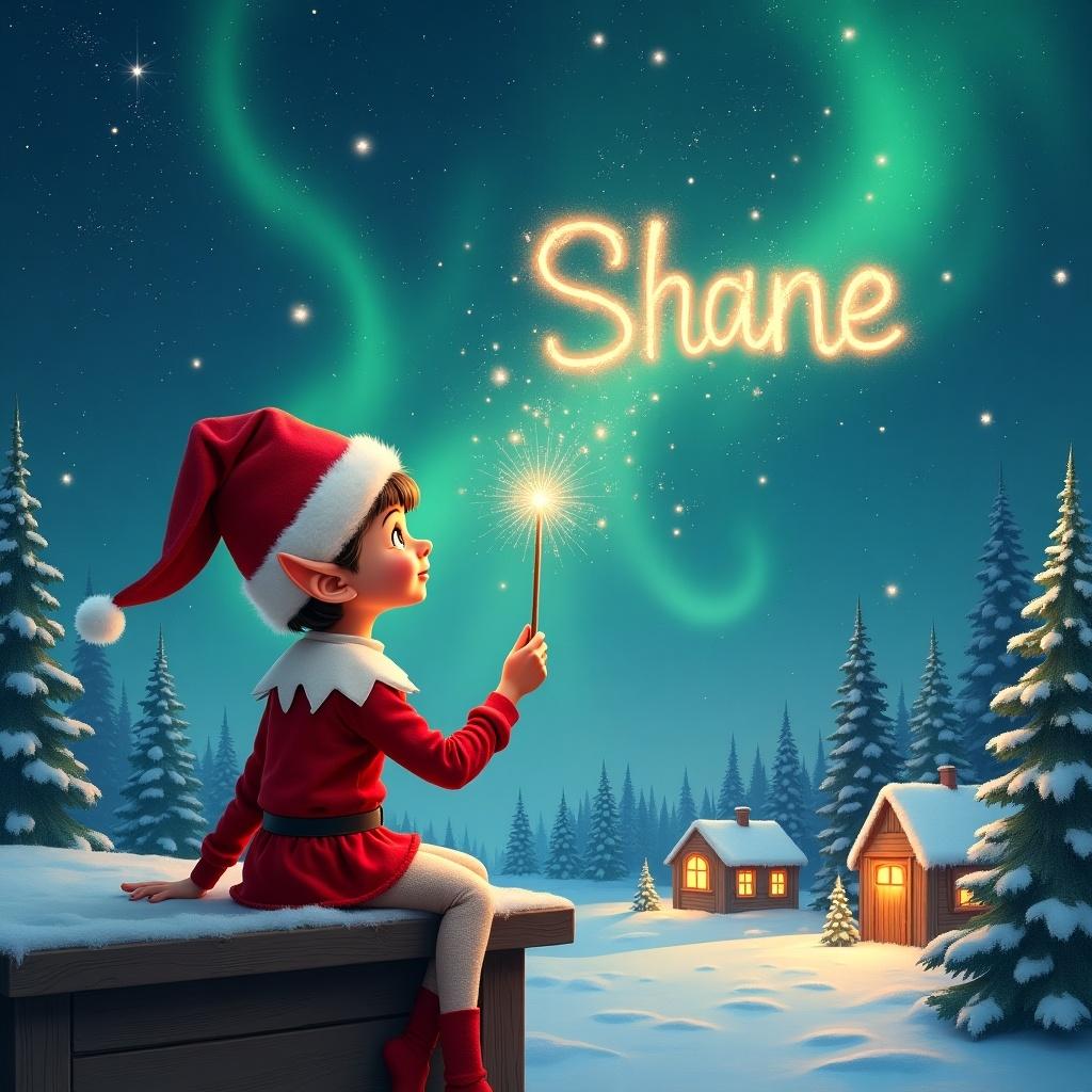 An elf dressed in a red outfit with a pointed hat sits on a wooden ledge, holding a sparkling wand. The elf gazes at a magical sky, writing the name Shane. The scene includes a snowy landscape, charming houses, and evergreen trees under Northern Lights.