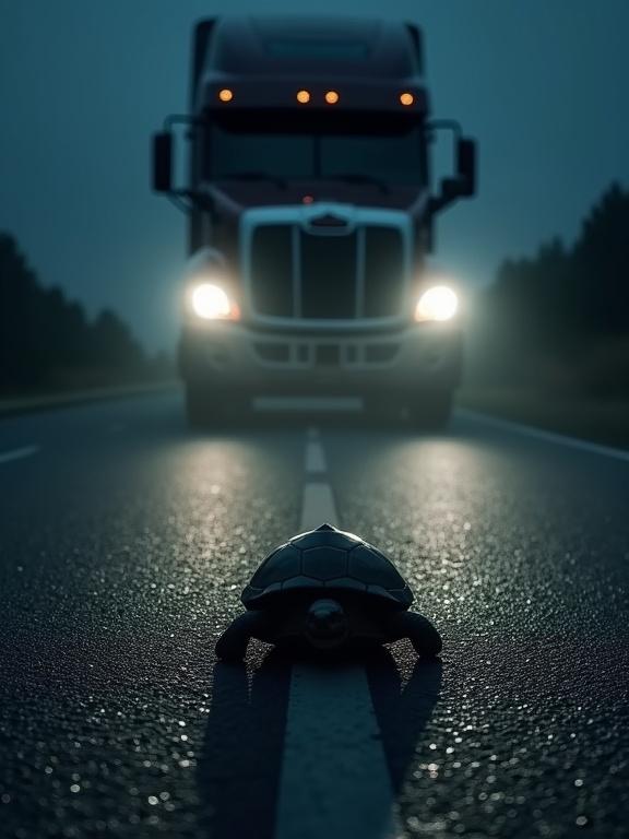 A low-angle shot captures a small turtle on a dark asphalt road. A large, dark silhouette of a semi-truck looms overhead, casting headlights that create a V-shape on the road, emphasizing the sense of danger and suspense. The atmosphere is dark and foreboding.