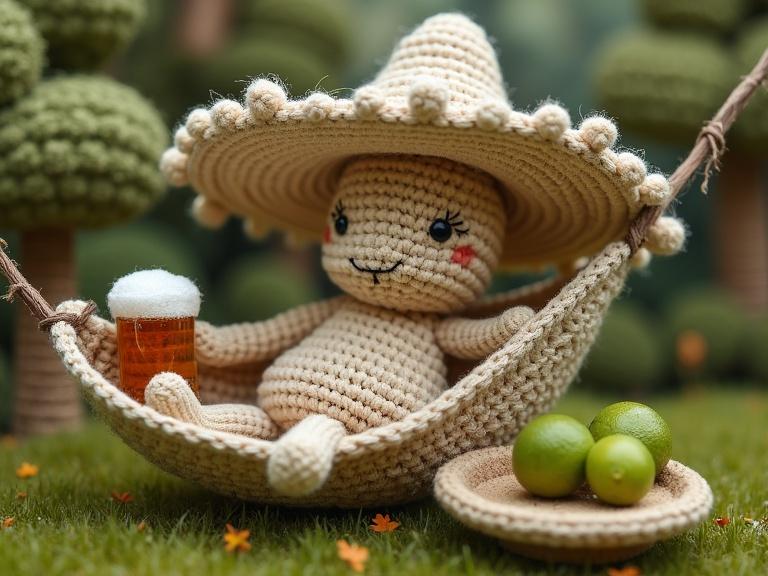 Eccentric anthropomorphic mushroom figure. Body is crocheted with a lattice pattern. Cap is sombrero style with fluffy puff balls. Reclined in a crocheted hammock. Grip on a crocheted beer. Table beside with crocheted limes. Surrounded by crocheted trees and grass, creating a surreal atmosphere.